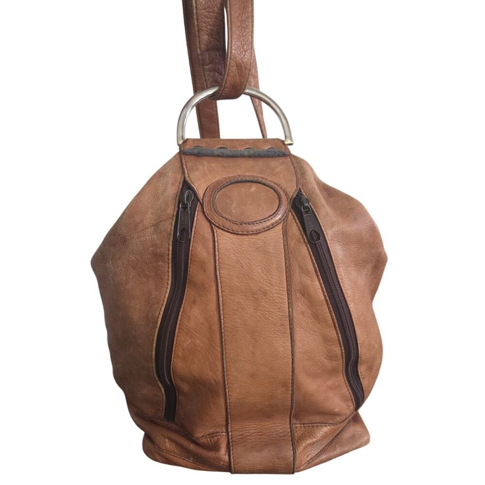 Vintage Columbian Brown Camel Tan Leather Convertible Bag Slouchy Backpack Boho